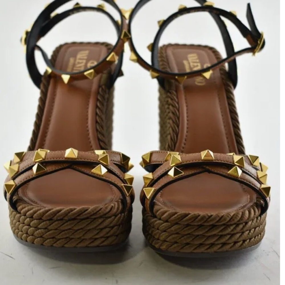 Valentino Brown Leather Rope Wedge Sandals with Gold Studs - Picture 3 of 6